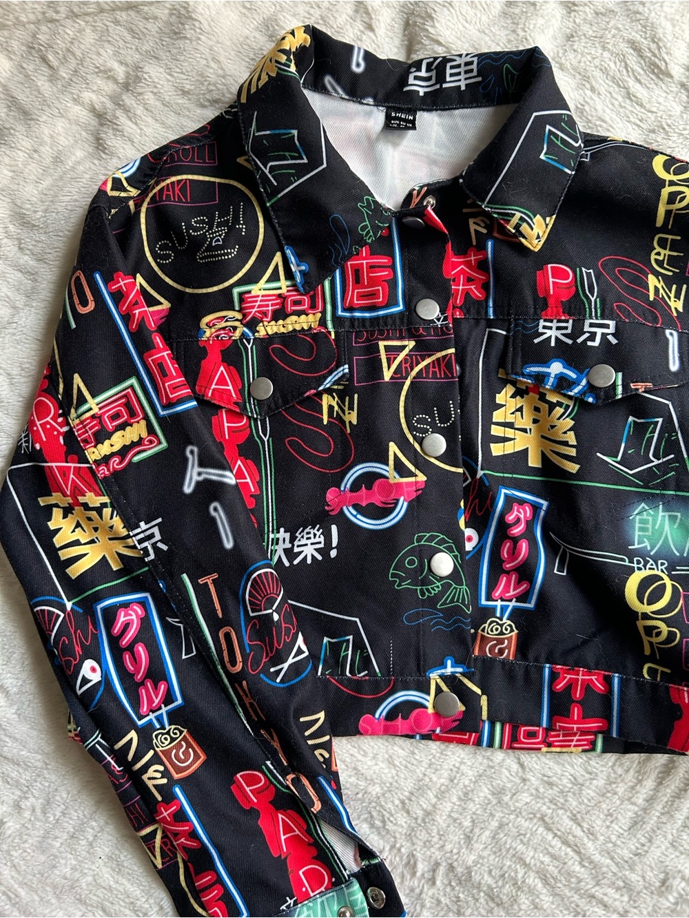 SHEIN Black Neon Graphic Lightweight Trucker Jacket